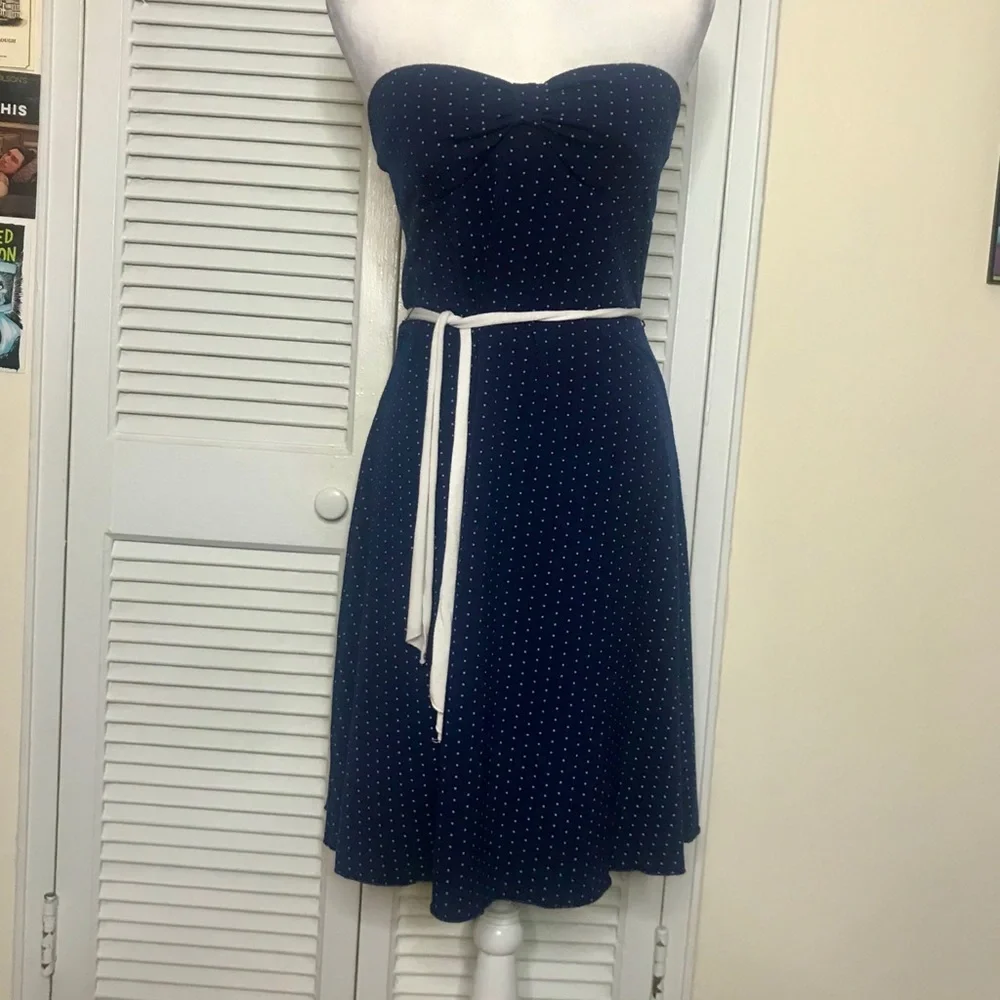 Vintage Strapless Navy Dress w/ White Polka Dots - Picture 1 of 4